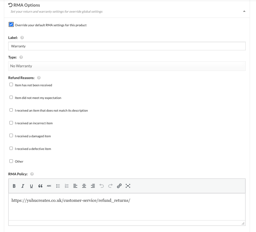 Individual Product RMA Settings