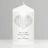 Personalised Silver Damask Heart Pillar Candle